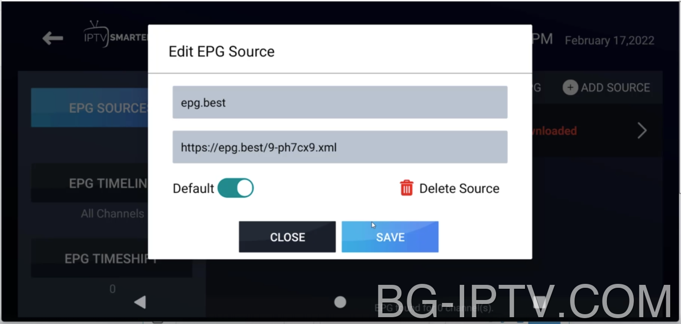 Въведете EPG URL