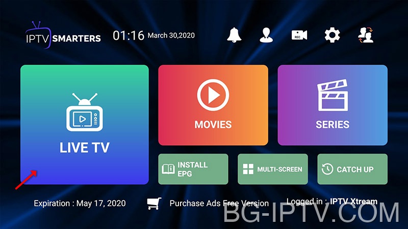 Главно табло за управление на IPTV Smarters Pro на Amazon Firestick