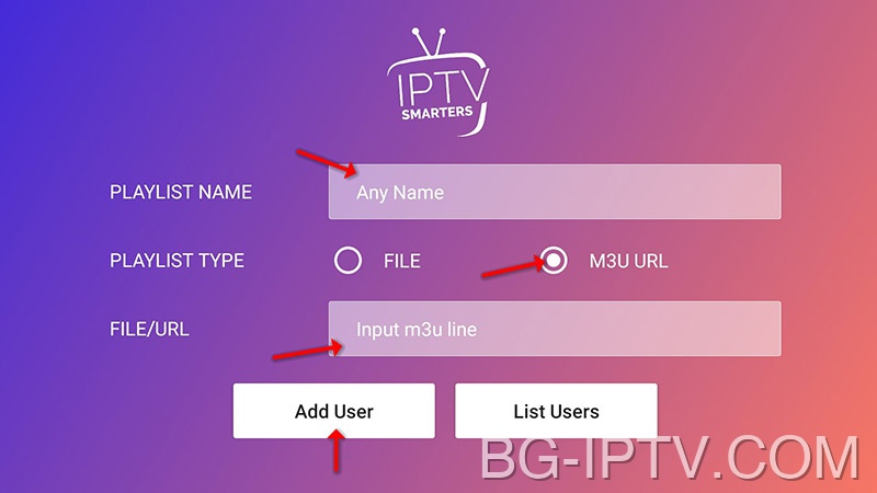 2. Въведете подробности за M3U за IPTV на IPTV Smarters Pro