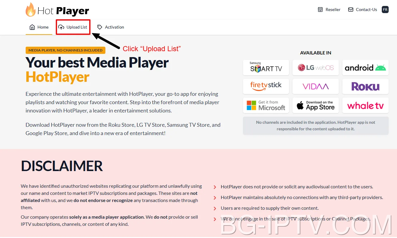Щракнете върху Качване на списък в HotPlayer.app