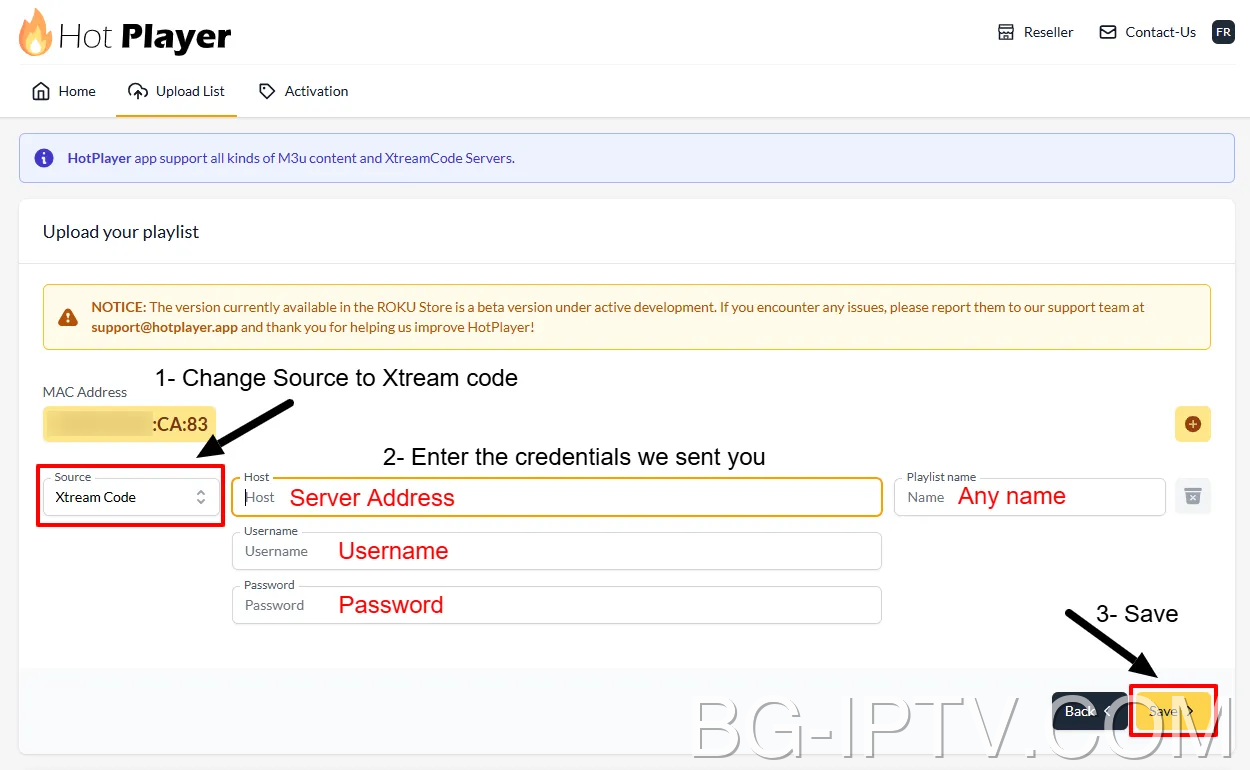Въведете Xtream кодове на уебсайта на HotPlayer